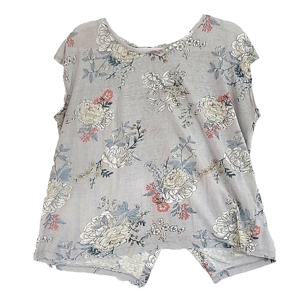Rachel Ashwell Size Medium Linen Top Short Sleeve Button Back Floral Blue Light‎